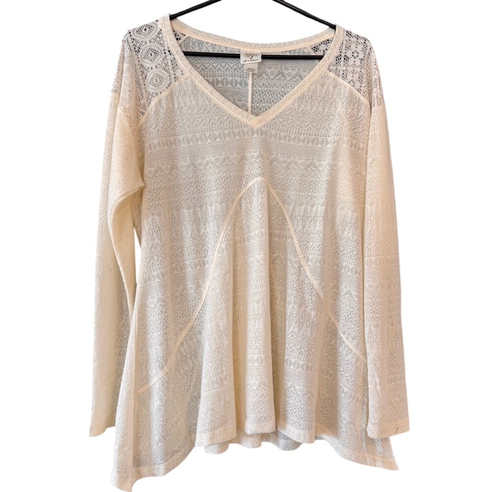 Self Esteem Boho Burnout Lace Top Womens XL Ivory Excellent Geometric V-Neck‎